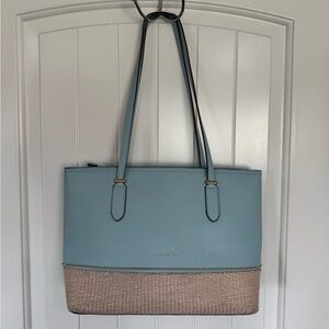 Nanette Lepore Baby Blue Pebbled Tote Bag With Woven Straw Bottom